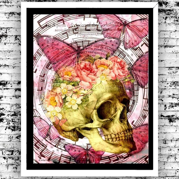 Floral Skull Pink Butterfly Music Note Mixed Media Art Print 8.5x11 - Picture 1 of 4